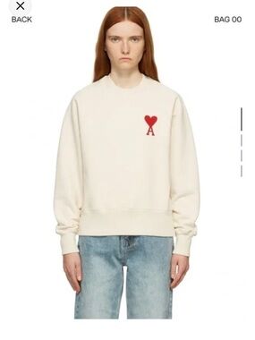 Ami Paris Heart Logo Crewneck Sweater - Cream/Red size Small